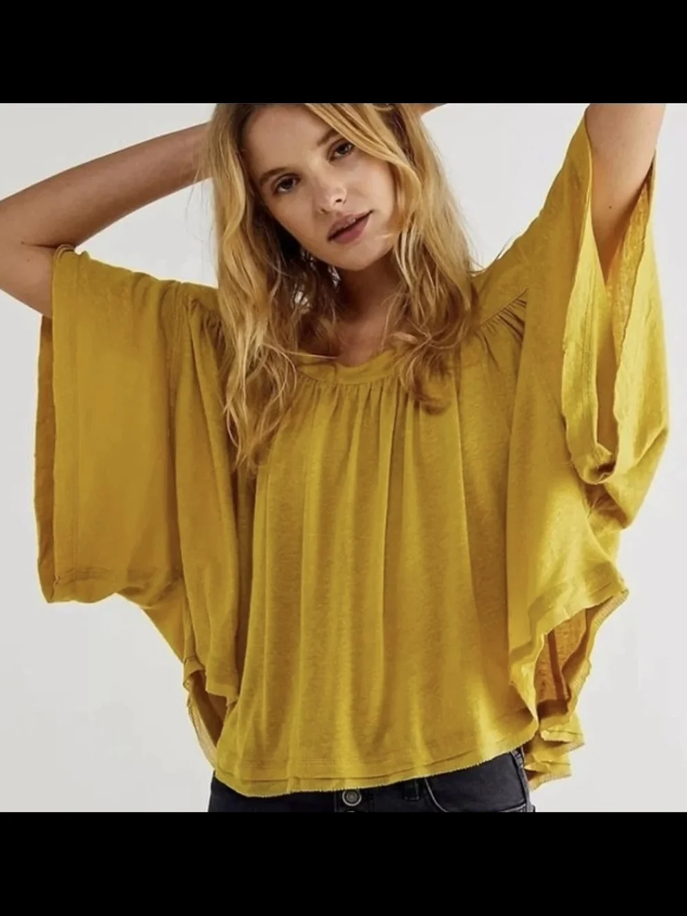 Free People Mustard Yellow Flutter-Sleeve Top